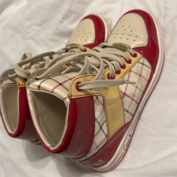 Coach Nora Tattersall 7.5 Pink Raspberry and Yellow Plaid Vegan Leather High Top - Picture 2 of 10